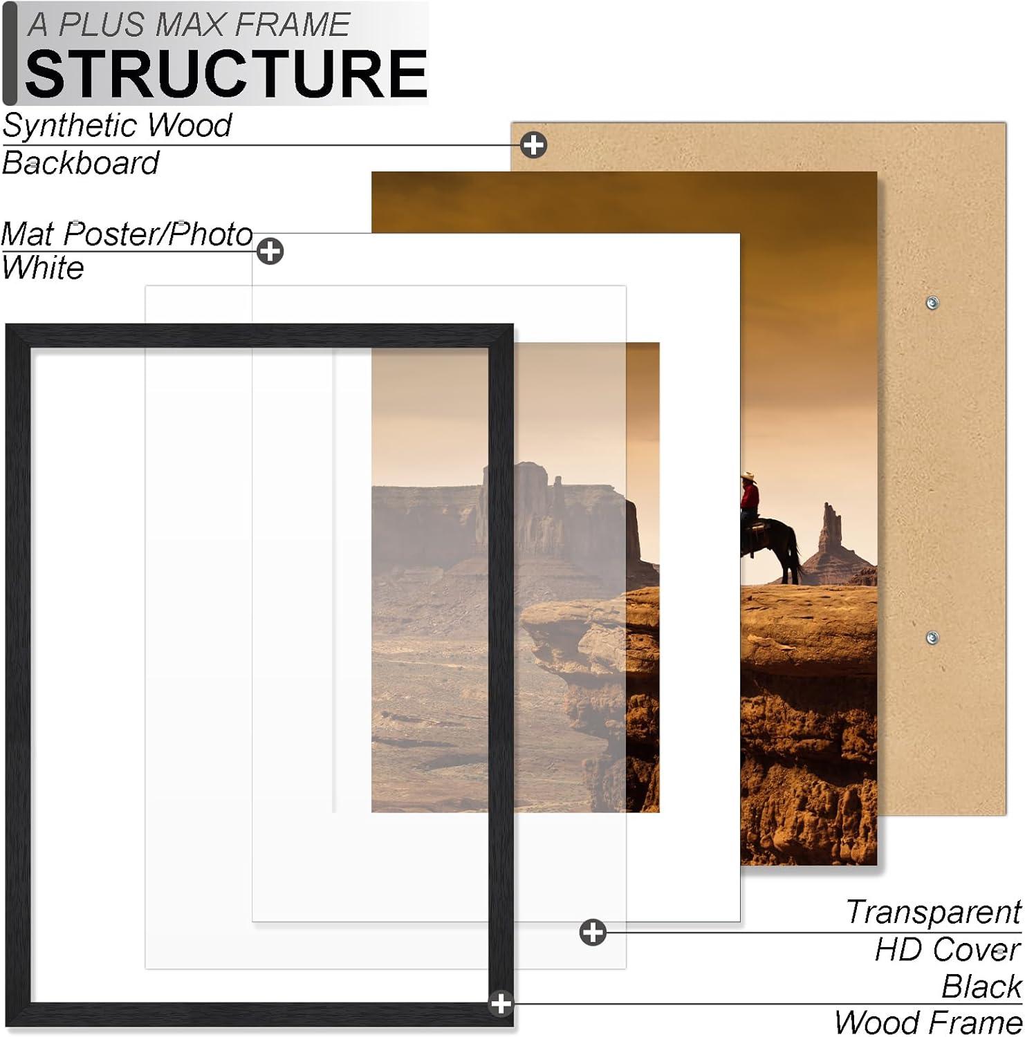 A PLUS MAX 20x24 Picture Frame with mat for 16x20 Picture with Polished Plexiglass Horizontal and Vertical Formats with Included Hanging Hardware-Black