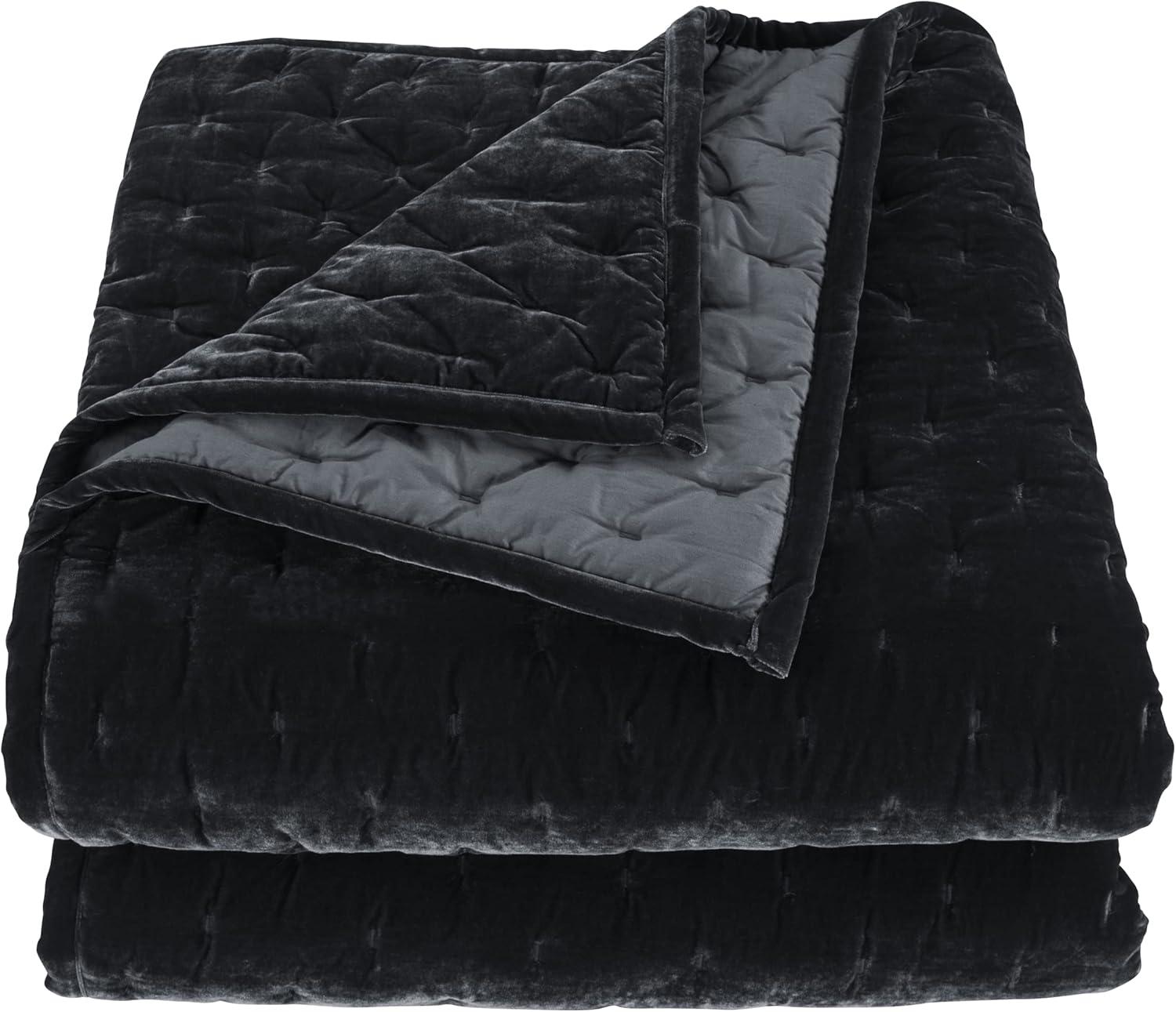 Luxurious Twin Black Faux Silk Velvet Quilt Set