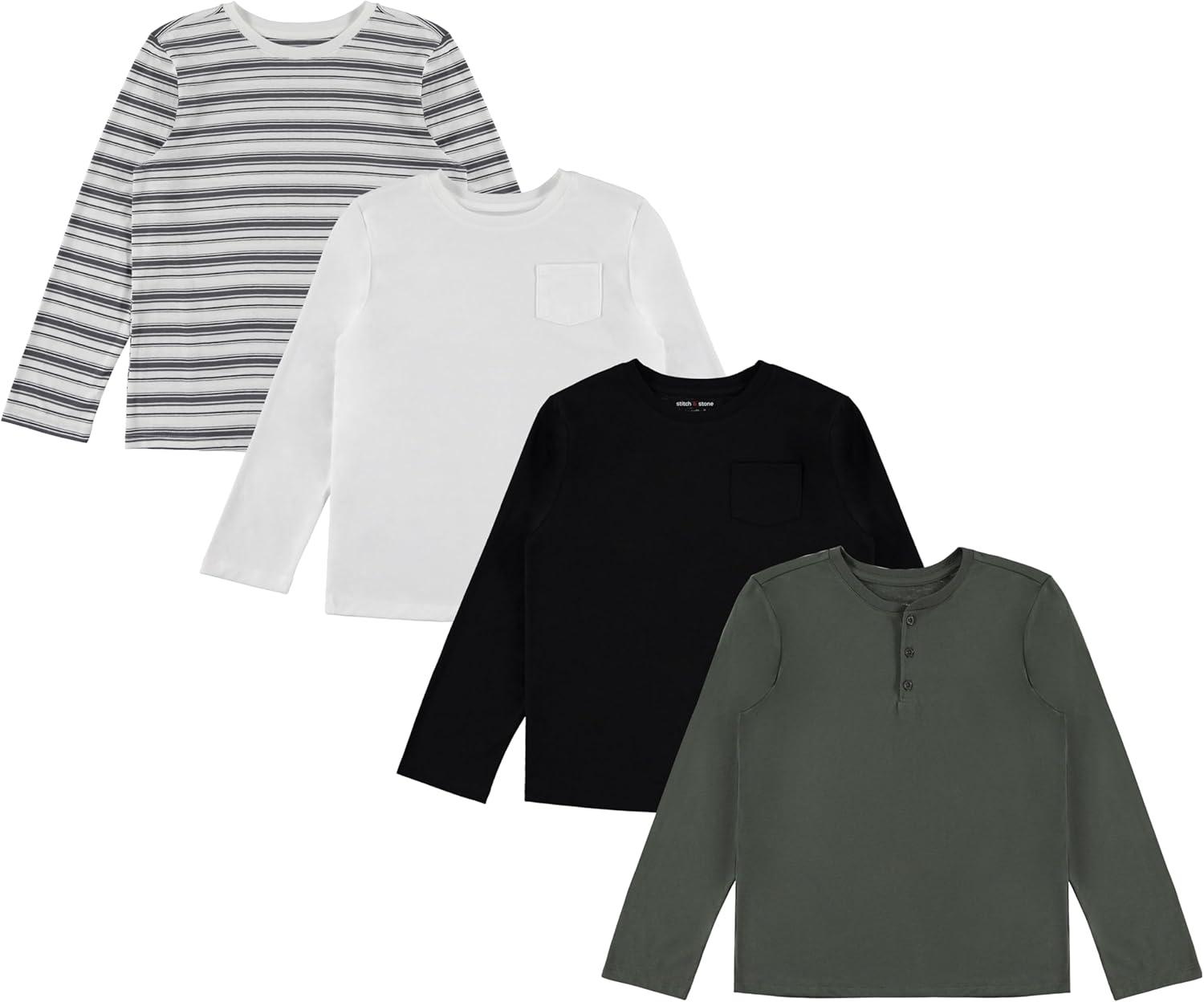 STITCH & STONE Boys 4 Pack Long Sleeve Tops, Soft Cotton Crewneck Tees, Casual Boys Clothing, Comfortable Everyday Wear