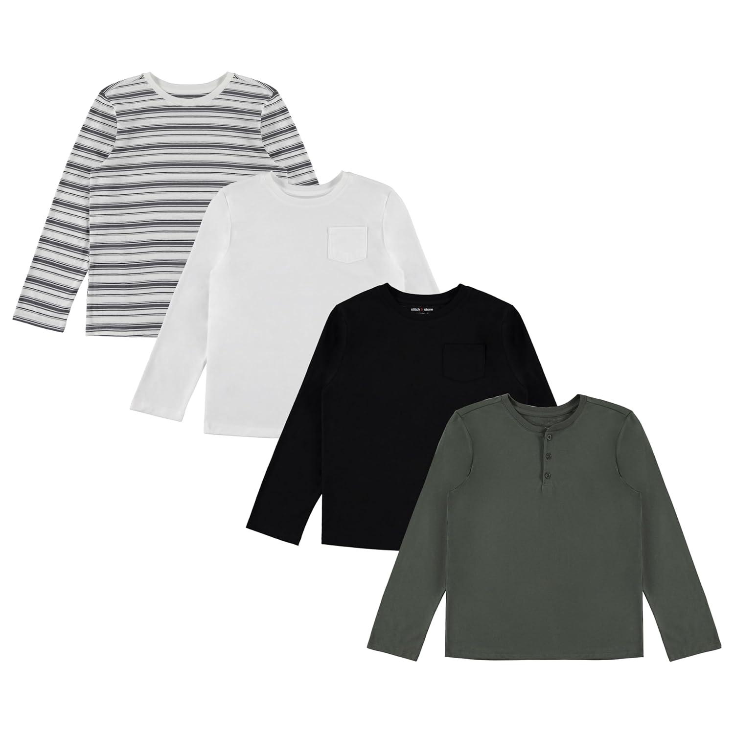 STITCH & STONE Boys 4 Pack Long Sleeve Tops, Soft Cotton Crewneck Tees, Casual Boys Clothing, Comfortable Everyday Wear