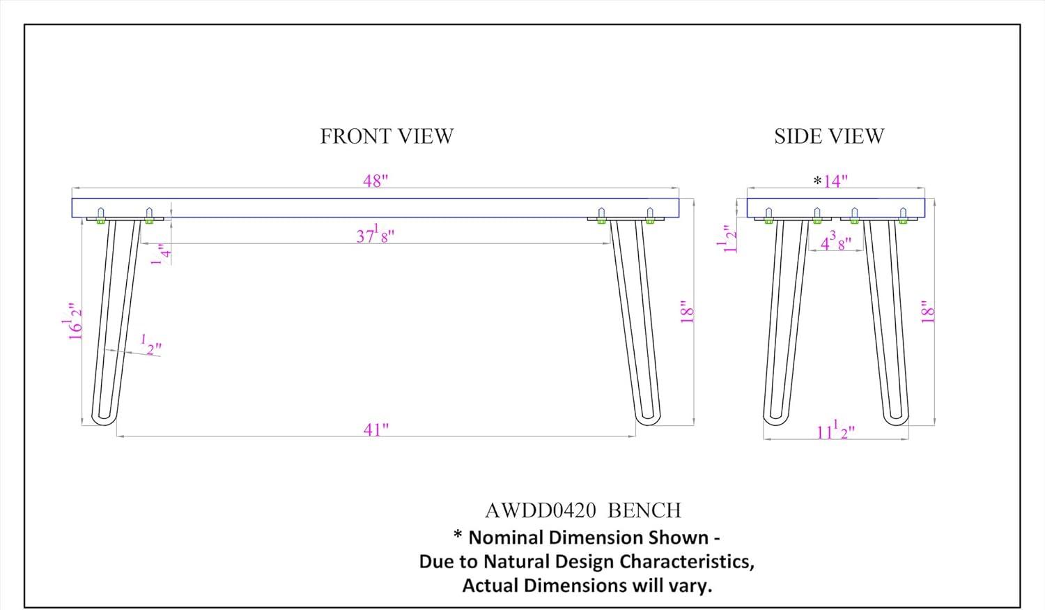 Natural Acacia Wood 48" Hairpin Metal Leg Live Edge Bench