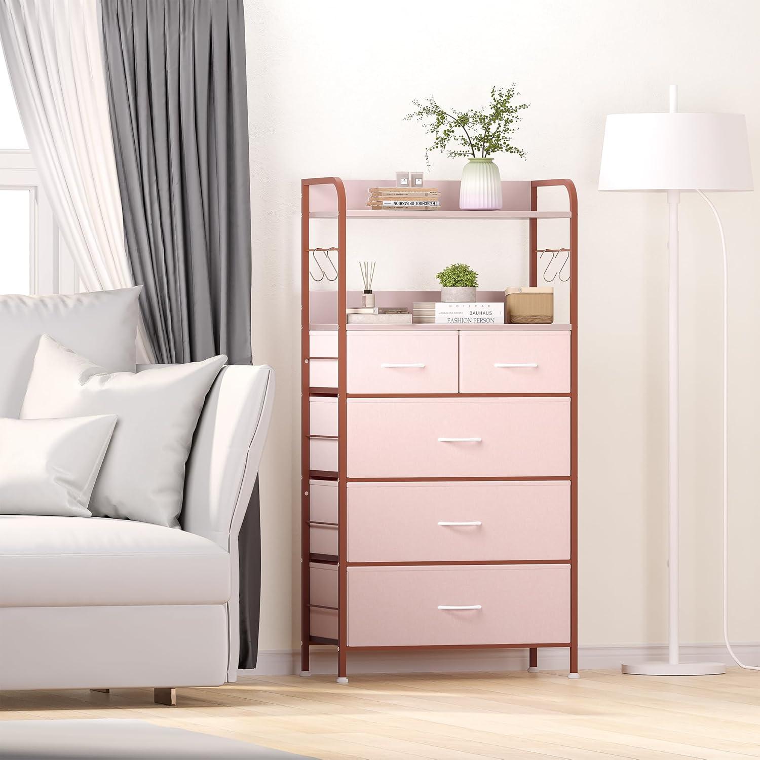 Pink Fabric and MDF Tall Dresser with Open Shelves