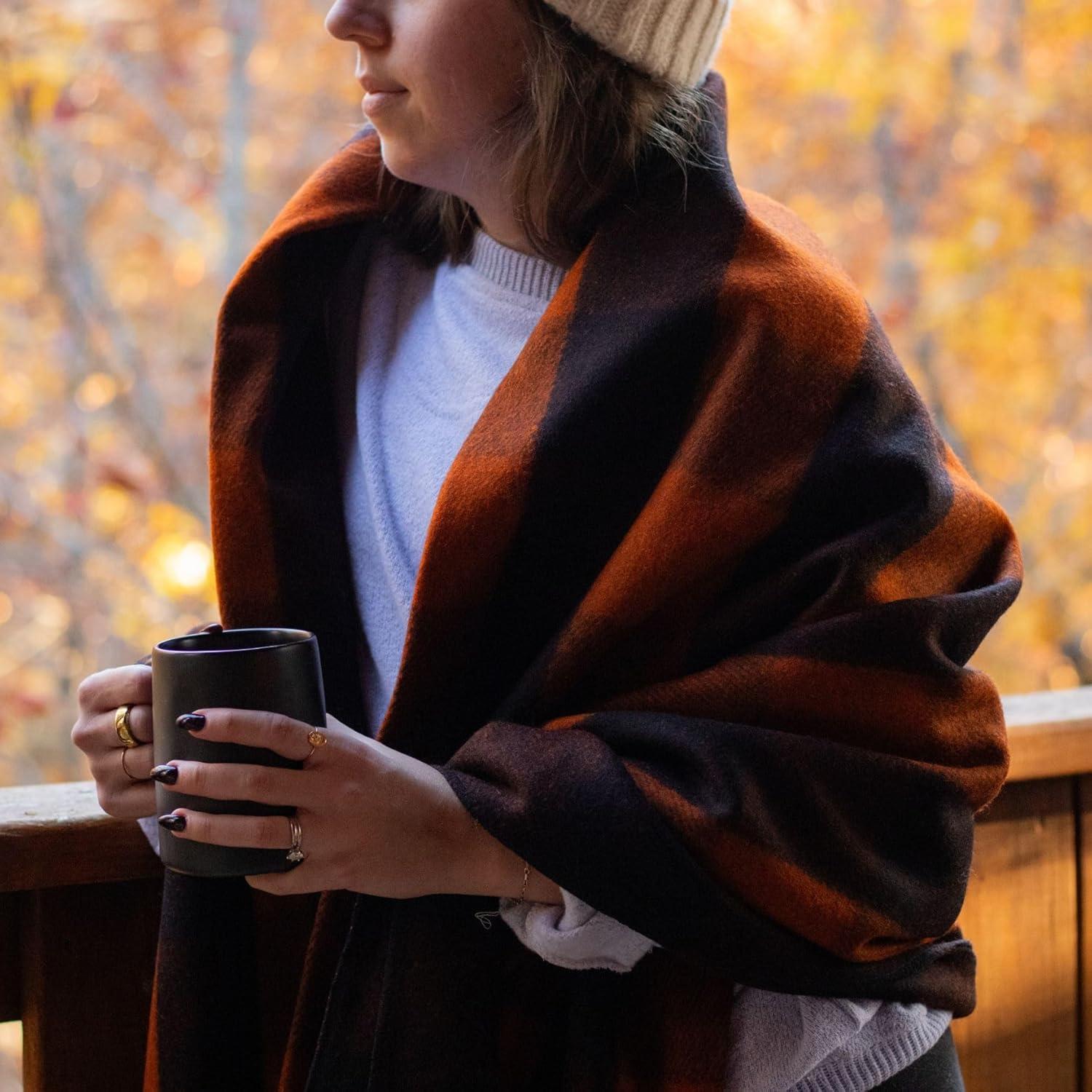 Large Orange Buffalo Plaid Wool Blanket, Machine Washable