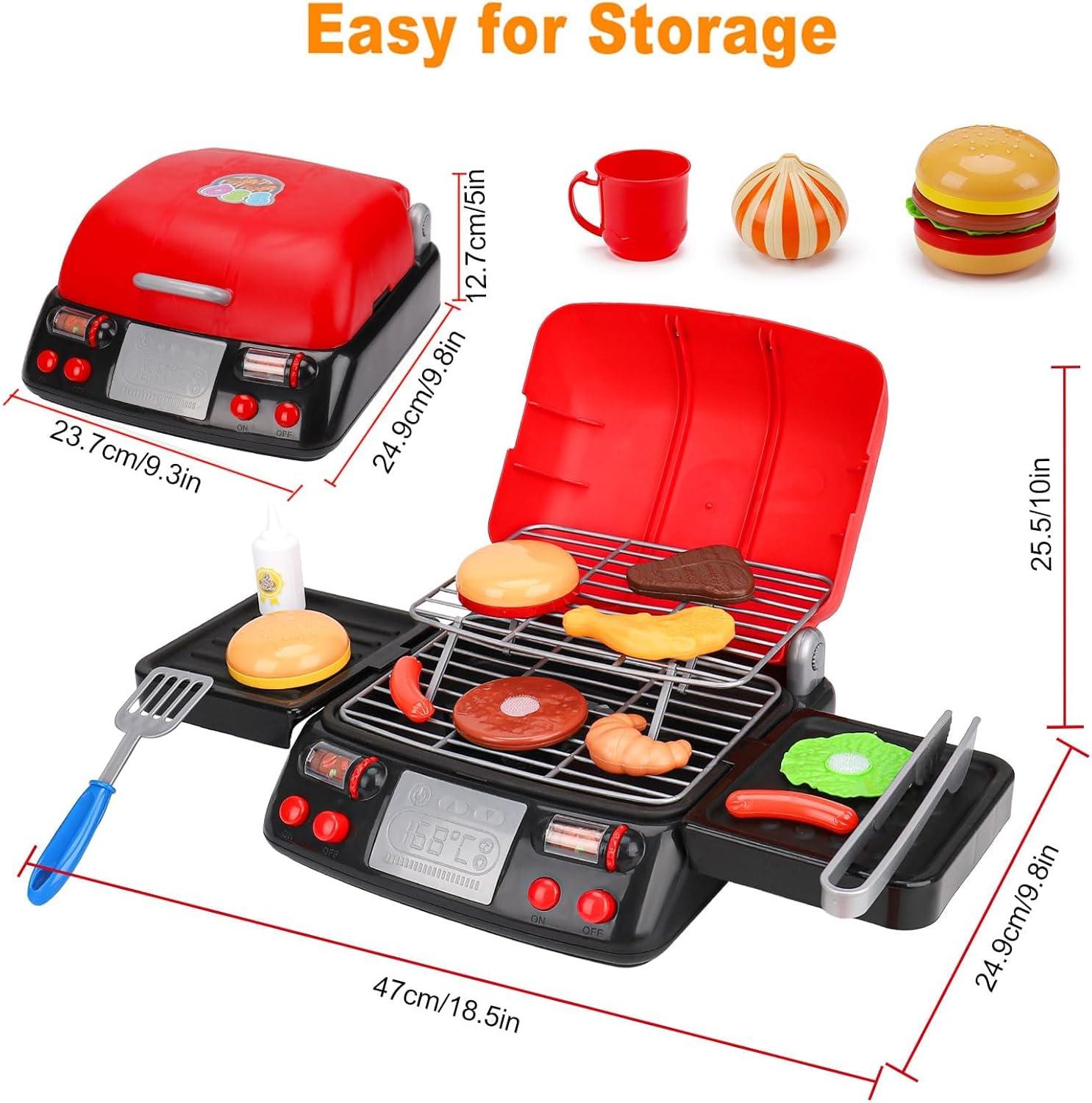 RUVINCE Kids BBQ Grill Playset - Kitchen Toy Grill Set with Smoke & Light