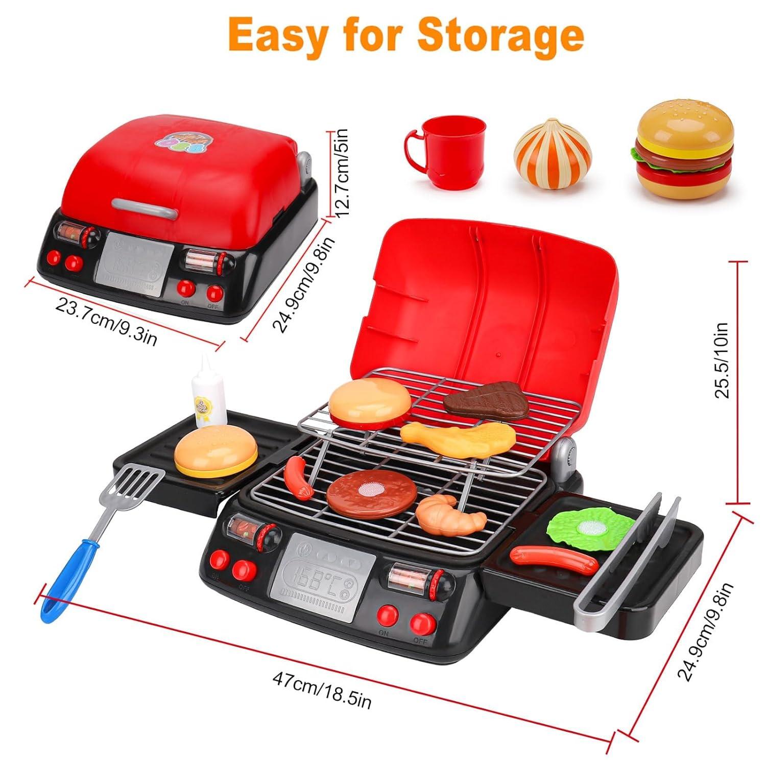 RUVINCE Kids BBQ Grill Playset - Kitchen Toy Grill Set with Smoke & Light