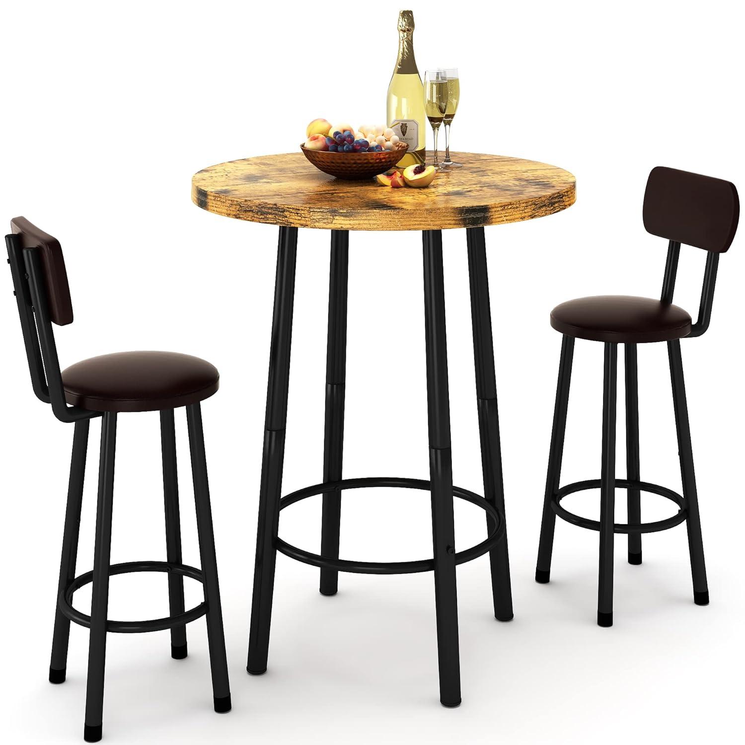 Recaceik 3 Piece Pub Dining Set, Modern Round bar Table and Stools for 2 Kitchen Counter Height Wood Top Bistro Easy Assemble for Breakfast Nook Living Room Small Space Restaurant, Rustic Brown