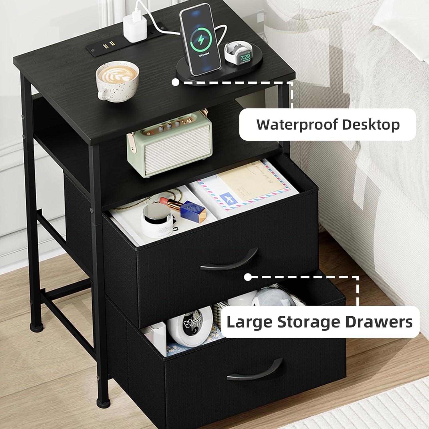 Eunos Black Dresser for Bedroom, 4 Drawer Nightstand with Charging Station, LED and Open Shelf