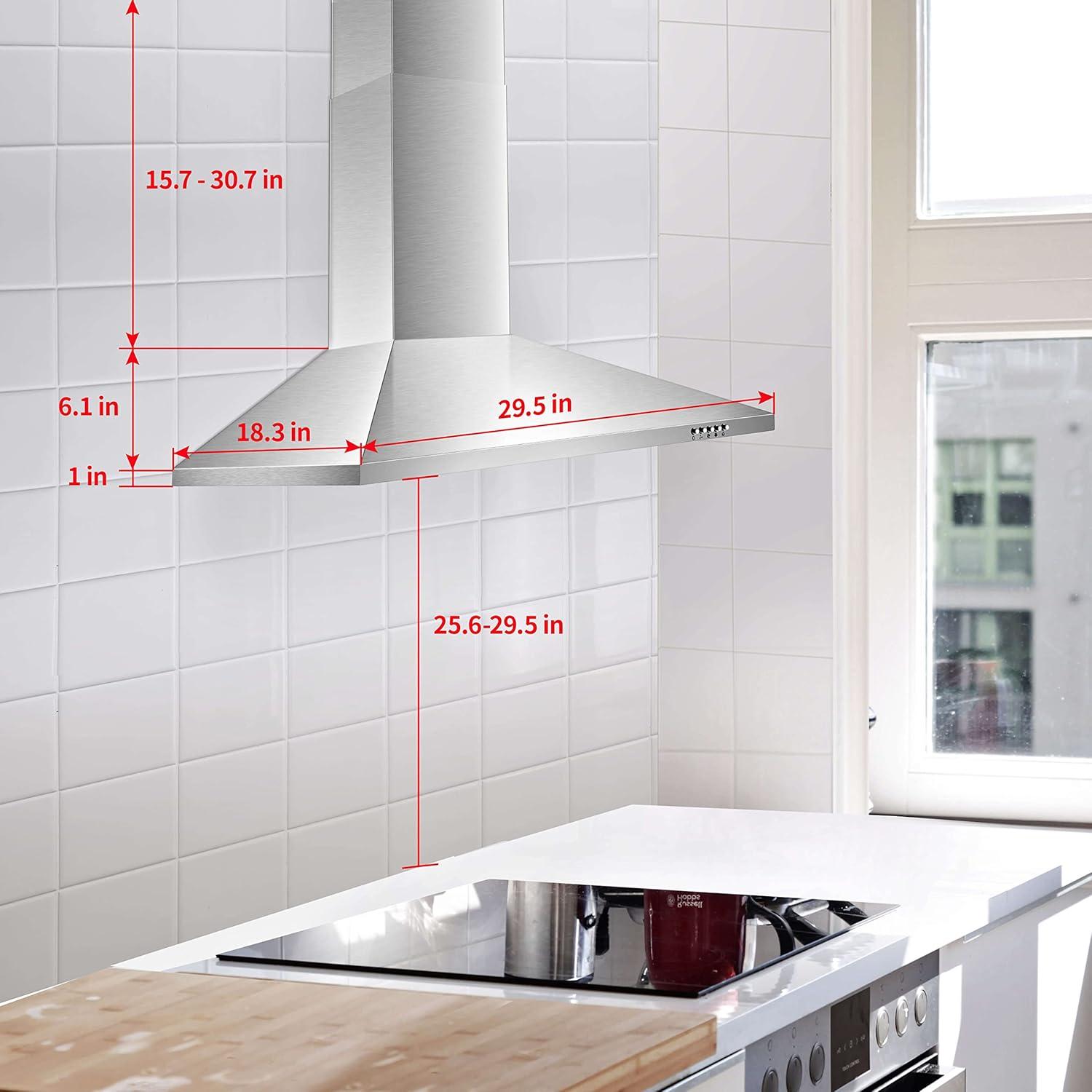 SNDOAS Range Hood 30 inch,Wall Mount Range Hood in Stainless Steel With Ducted/Ductless Convertible,Stove Vent Hood with Aluminum Filters,3 Speed Exhaust Fan,LED Light,Button Control