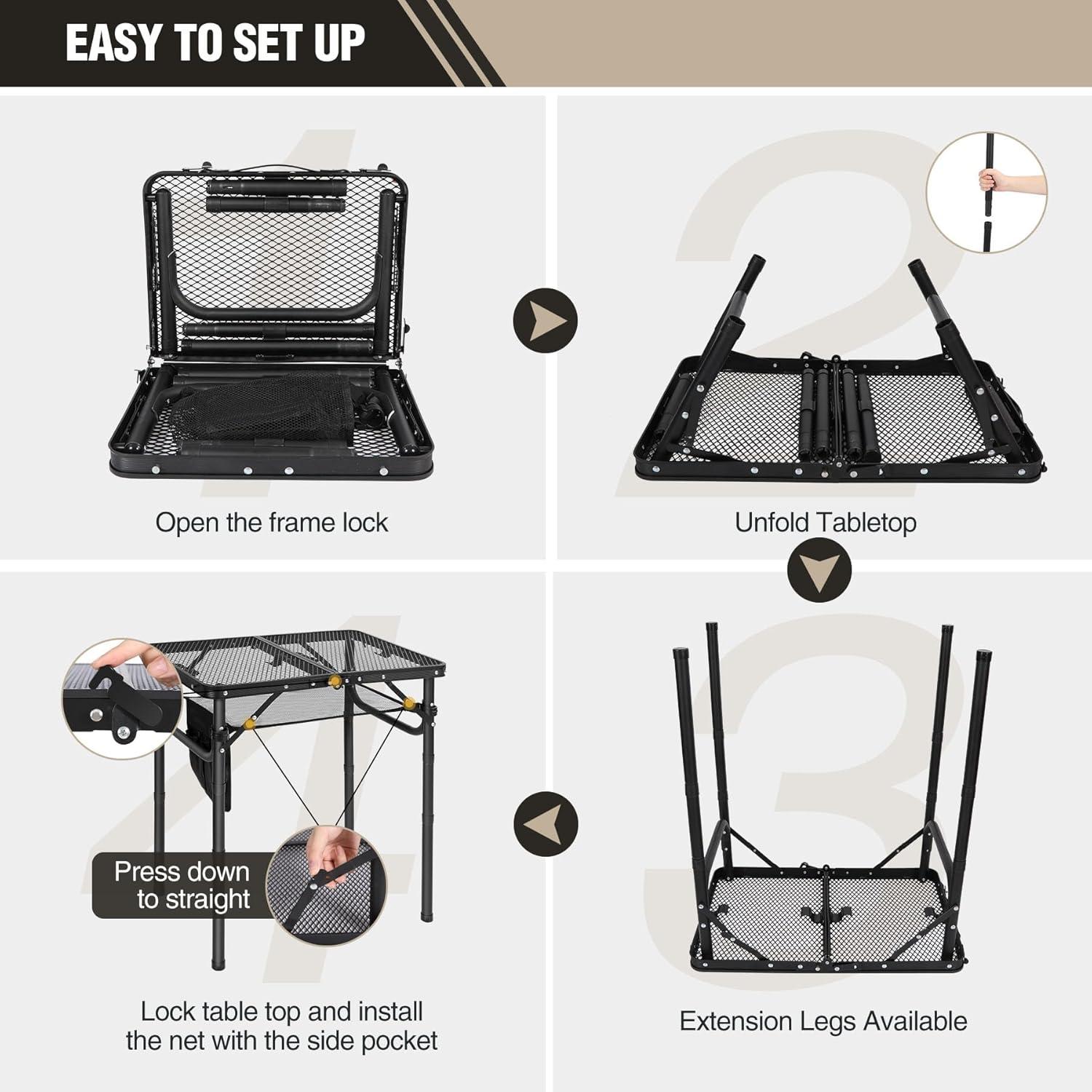 REDCAMP Small Folding Grill Table for Outside, 3 Heights Adjustable Lightweight Portable Metal Aluminum Outdoor Grill Table for Camping Picnic Cooking BBQ, Black 24x16 inches
