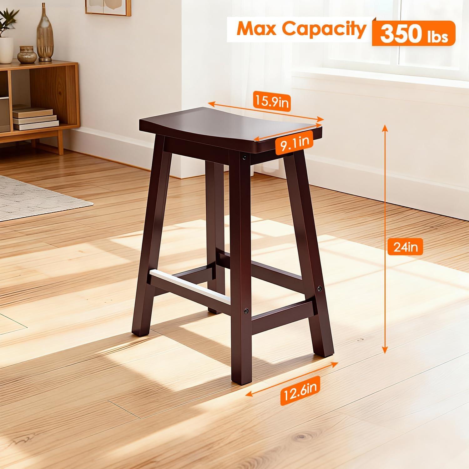 QuellQuest Bar Stools Set of 2 for Kitchen Counter Solid Wooden Saddle Stools 24-Inch/30-Inch Height (Brown, 24 in)