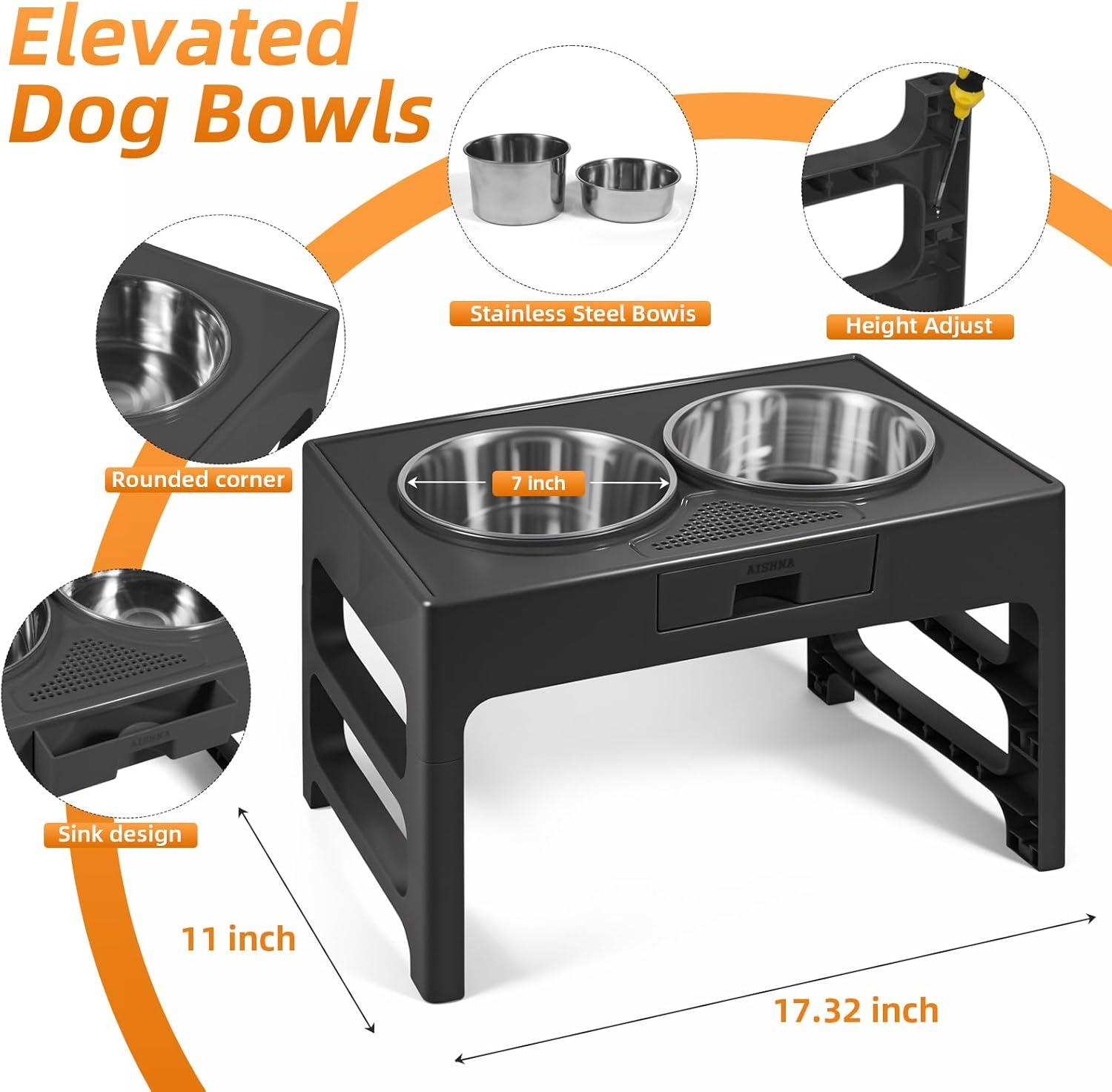 Adjustable Black Particle Board Raised Dog Bowls with Stainless Steel Bowls