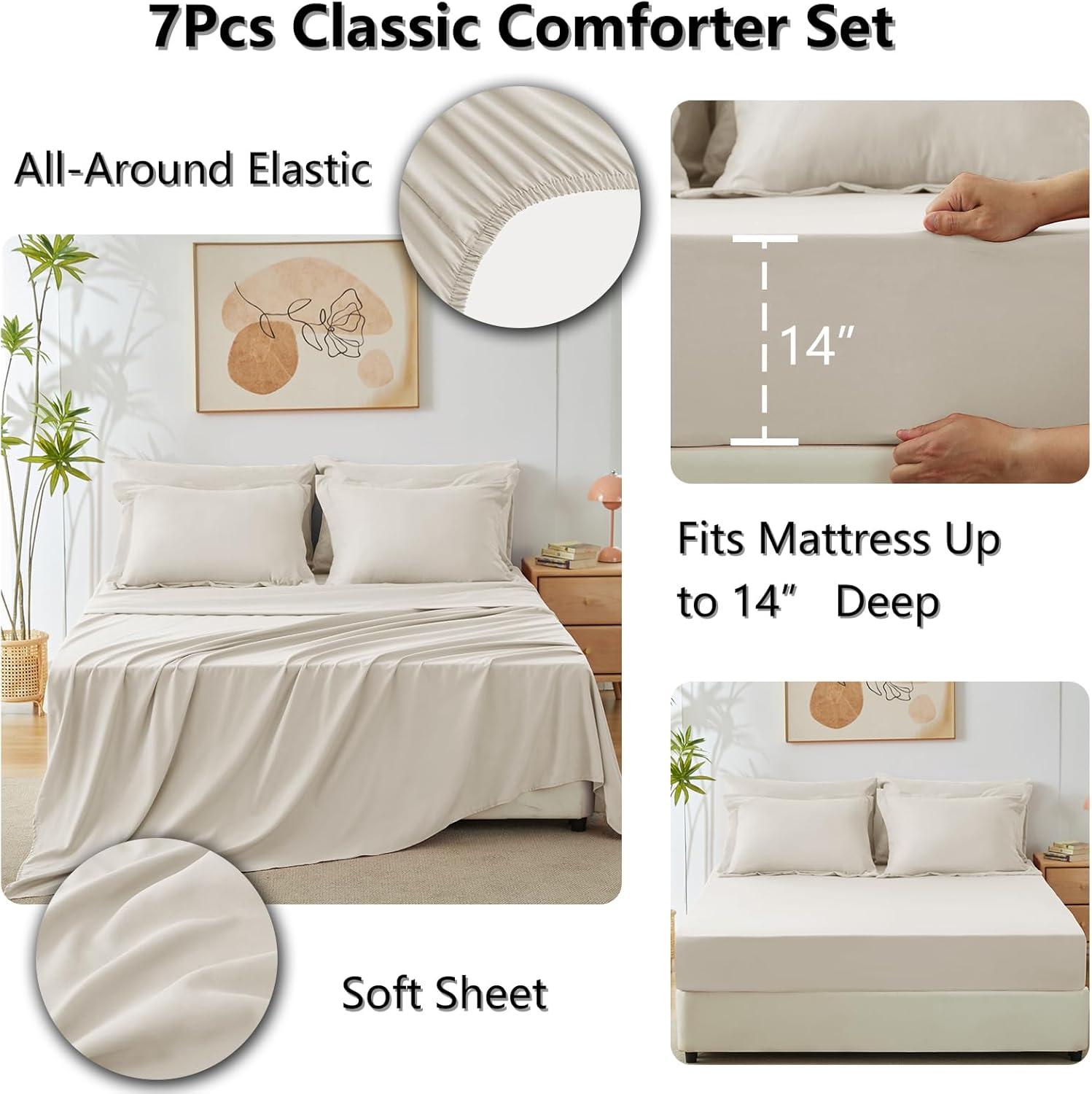 Cozy Comfort Beige Comforter Set - 7 Pieces Reversible Bed in a Bag with Comforters, Sheets, Pillowcases & Shams, Bedding Sets