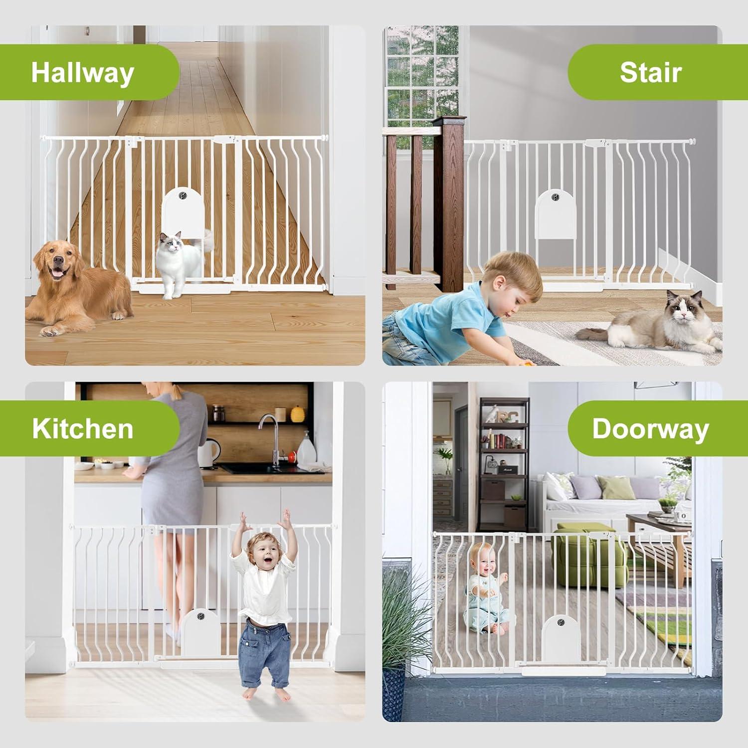 Baby Gates with Cat Door - Auto Close 29.5"-48.4" Safety Metal Dog Pet Gate for Doorway, Stairs, House, Walk Through Child Gate with Pet Door, includes 4 Wall Cups and 2 Extension Pieces