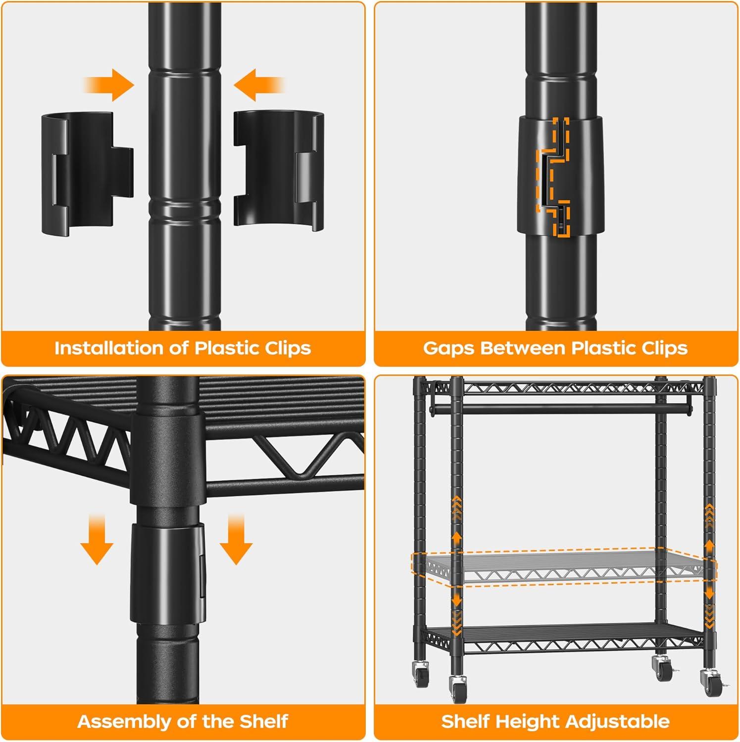 Dextrus Heavy Duty Metal Garment Rack, 3 Tiers Adjustable Wire Shelving Clothes Rack with Double Rods and Side Hooks, Black