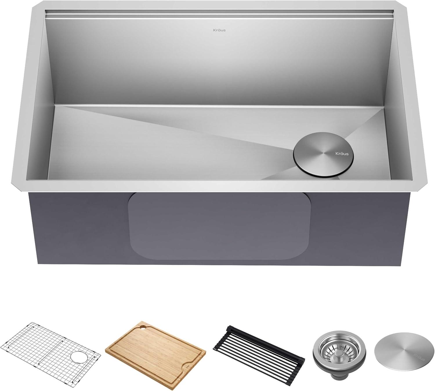 KRAUS Kore™ 28" L Undermount Workstation 16 Gauge Stainless Steel Single Bowl Kitchen Sink with Accessories