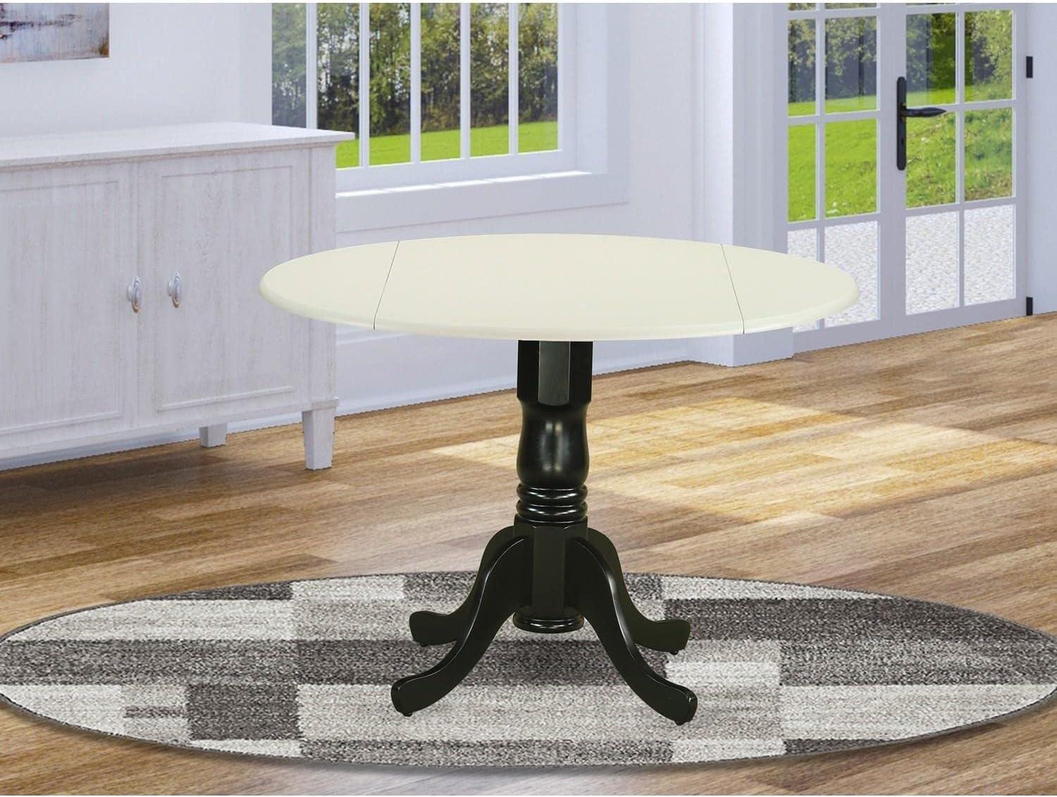 Dublin Pedestal Round Dining Table with Dual Drop Leaves, Linen White & Black