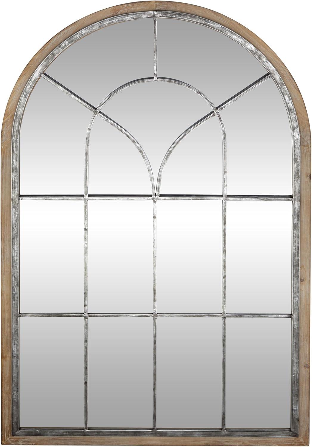 Arched Windowpane Silver and Wood Wall Mirror