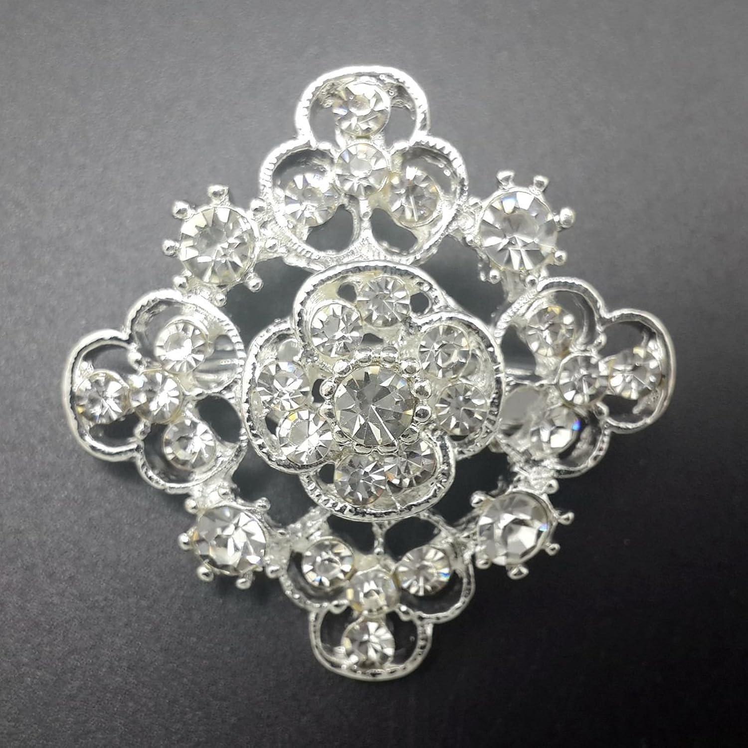 Elegant Silver and Gold Rhinestone Flower Brooch Set