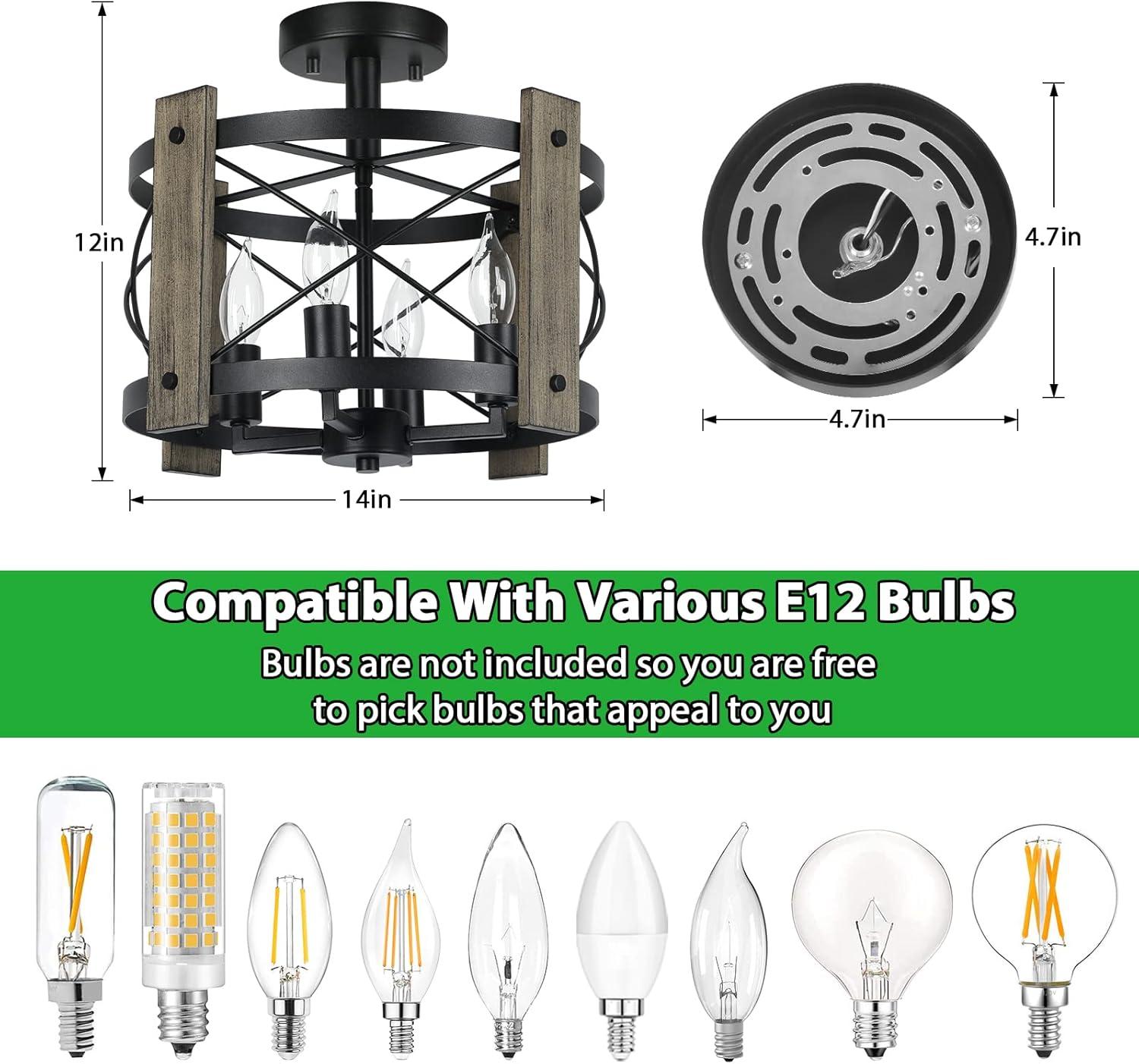 Williston Forge Farmhouse Rustic Light Fixture Ceiling Mount, Semi Flush Mount Ceiling Light Fixture, 4-Light Black Industrial Retro Washed Ceiling Light For Kitchen Dining Room Bedroom Hallway Bathroom