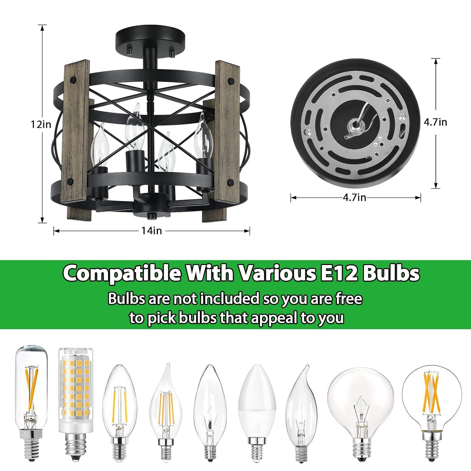Williston Forge Farmhouse Rustic Light Fixture Ceiling Mount, Semi Flush Mount Ceiling Light Fixture, 4-Light Black Industrial Retro Washed Ceiling Light For Kitchen Dining Room Bedroom Hallway Bathroom