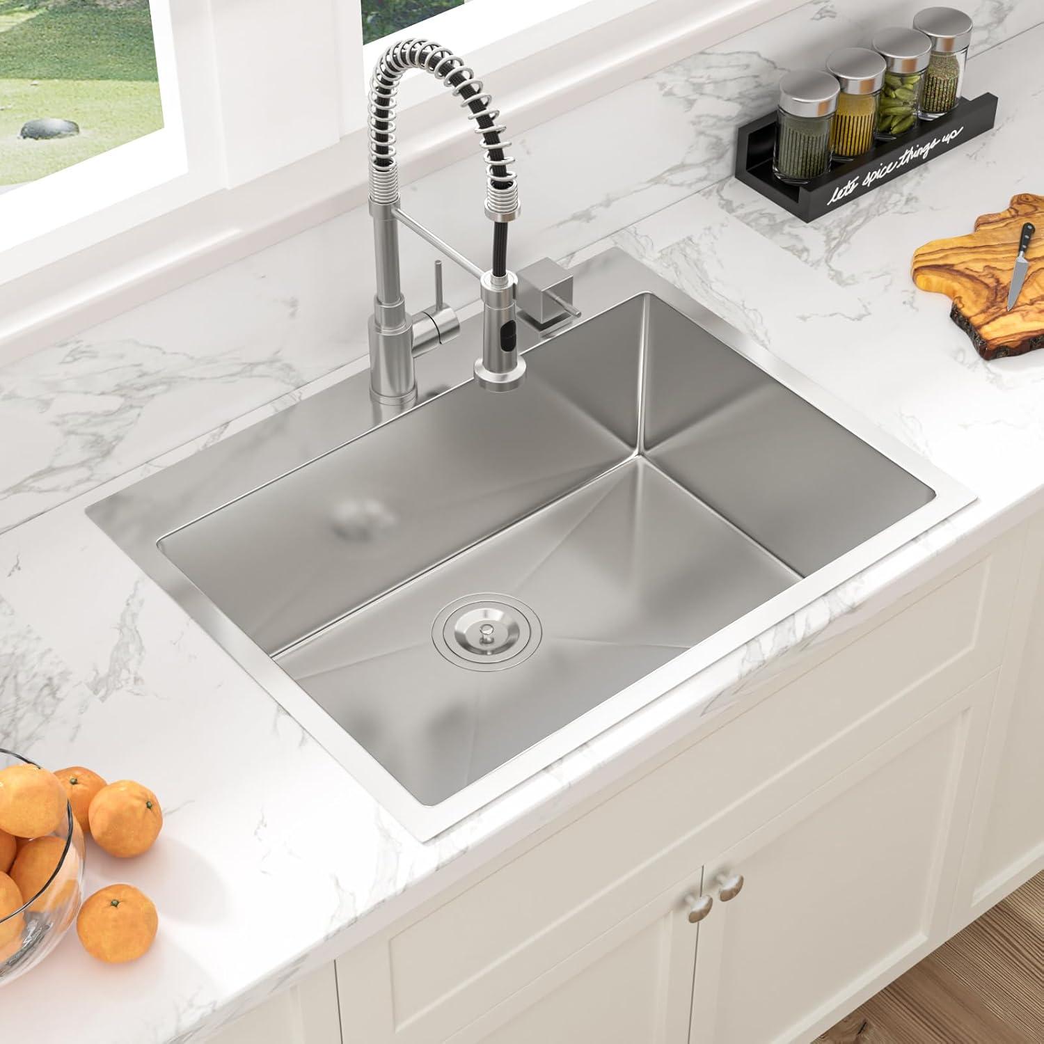 28" L x 22" W Drop-in Kitchen Sink 16 Gauge Stainless Steel Kitchen Sink Topmount Single Bowl Sink