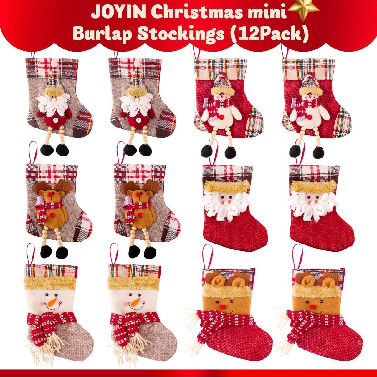 JOYFY 12 Pcs Mini Christmas Stockings 3D Bulk Xmas Stockings Santa Snowman Reindeer Burlap Stockings for Present Holders Treat Bags