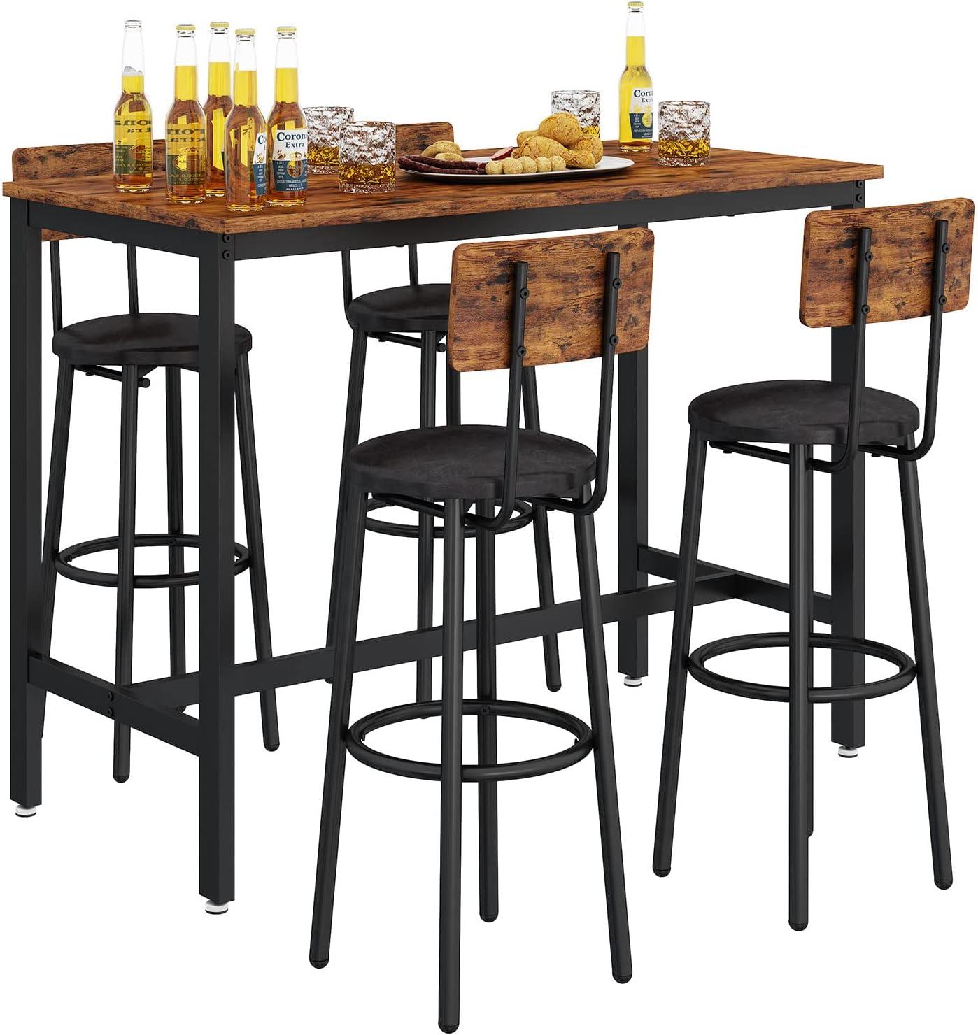 GNIXUU Bar Table and Chairs Set for 4, 5-Piece Rectangle Pub Bistro Table and PU Upholstered Stools with Backrest, Counter Height Dining Table Set for Kitchen Breakfast Nook Restaurant, Rustic Brown