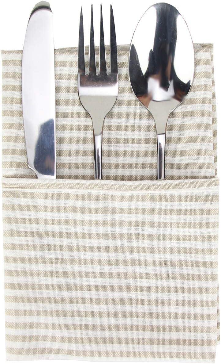 Beige Striped Cotton Linen Blend Dinner Napkins - Set of 12