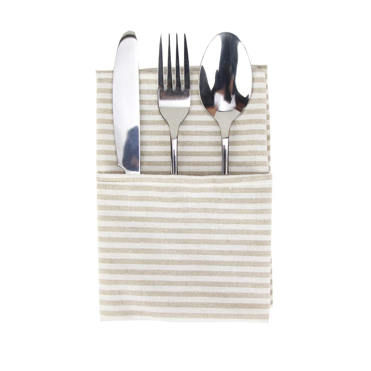 Plain Striped Cotton Linen Blended Dinner Cloth Napkins - Set of 12 (40 x 30 cm) - for Events & Home Use (Beige)