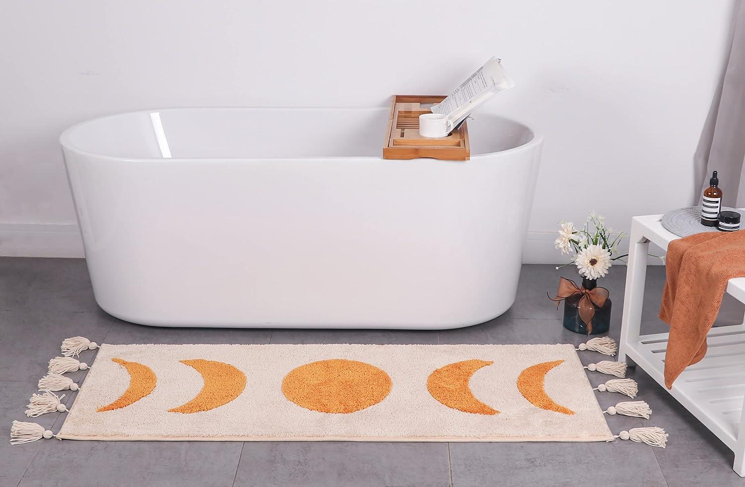 Boho Bathroom Rug Runner Moon Phases Bath Mat with Tassels - Half Moon Bohemian Rugs for Bathroom, Bedroom, Shower Moon Rug for Hippie, Witchy Decor - Boho Area Rug Beige Neutral Creamy Orange 20x50