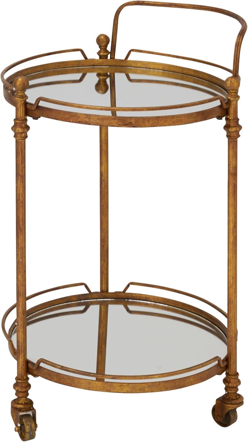 Traditional Iron and Mirrored Bar Cart Brass - Olivia & May: Round Frame, 2-Tier, Wine Storage, Indoor Use