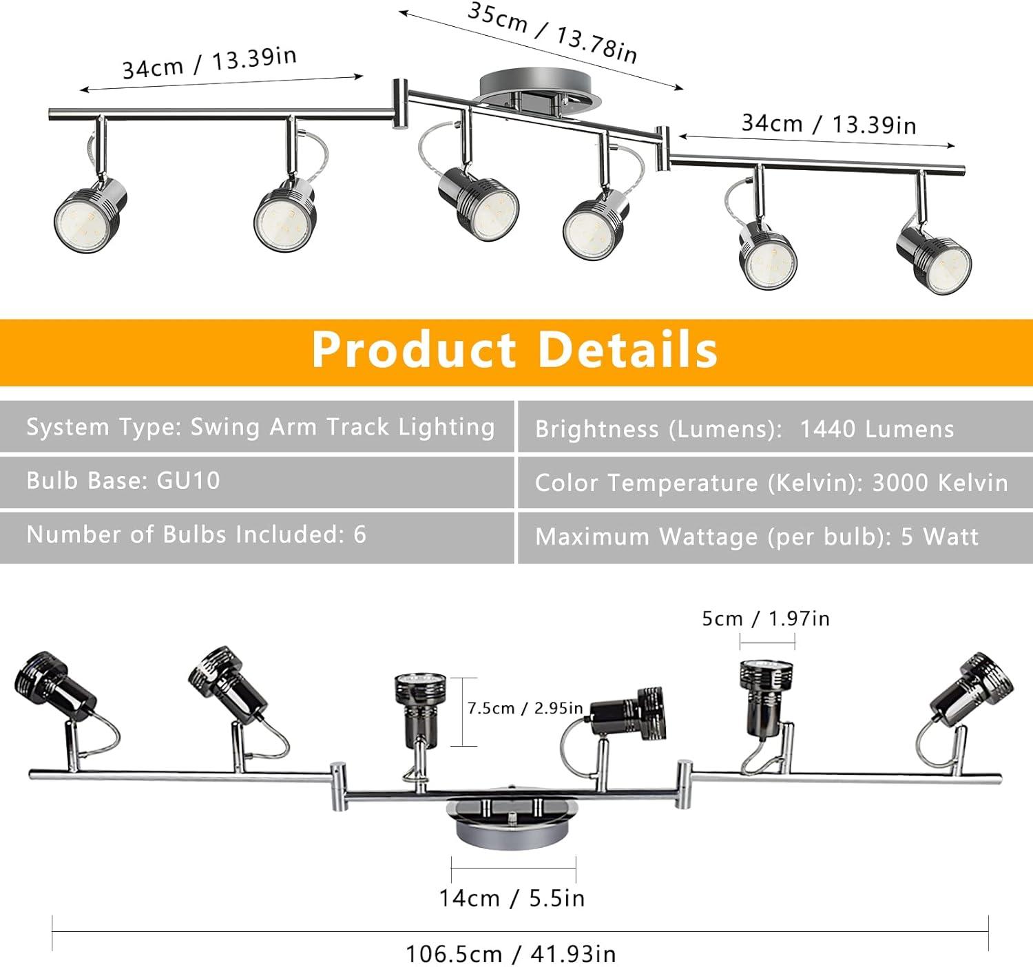 Depuley 6-Light Modern LED Track Ceiling Spotlight, Directional Flush Mount Foldable Ceiling Track Light Kit Rotatable Heads and Swing Arms for Living Room Kitchen Dining, GU10 Bulb Include