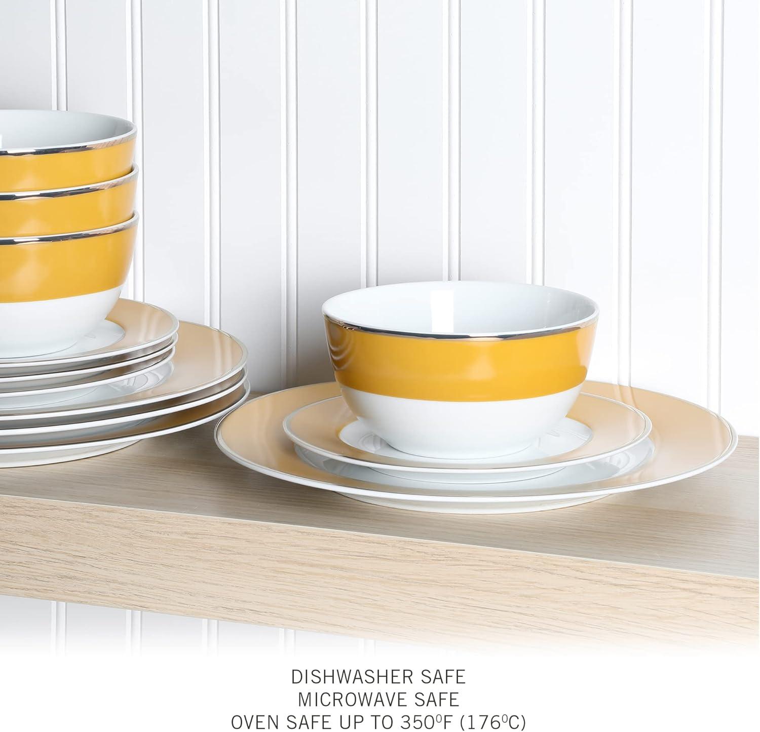 Gold Rimmed Yellow Porcelain Dinnerware Set, Service for 4