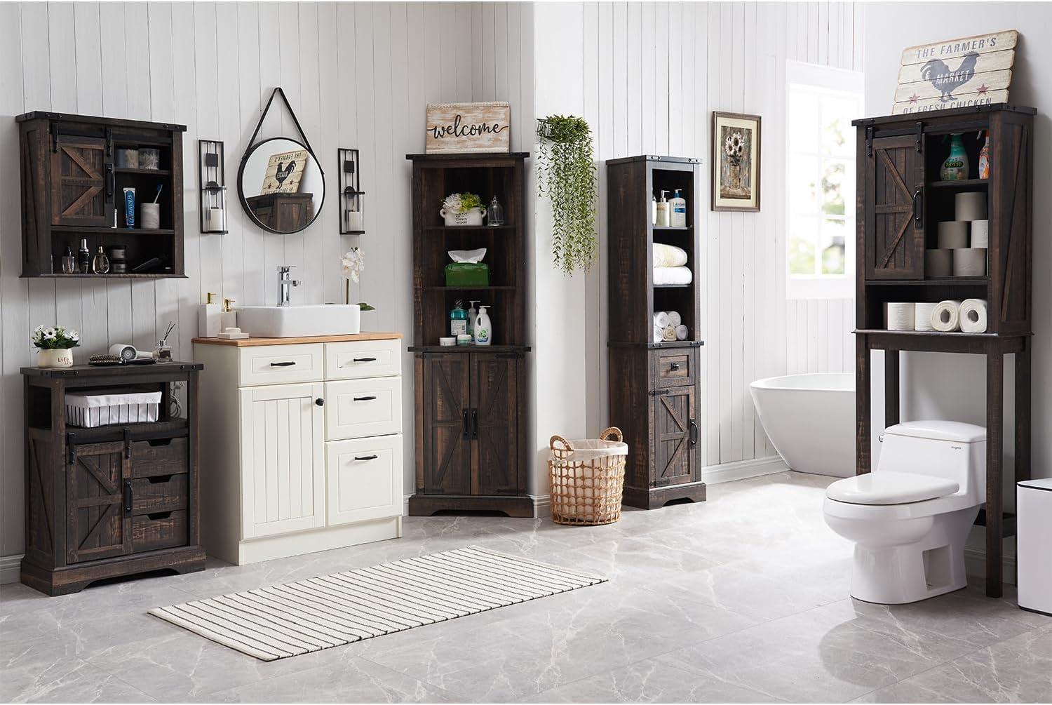 Dark Rustic Oak Farmhouse Wall Cabinet with Sliding Barn Door