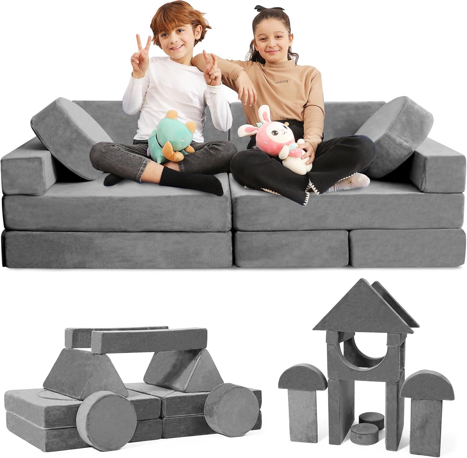 Contour Comfort Kids Couch 14 PC Modular Kids Play Set – Convertible Kids Sofa with Soft Foam Cushions | Kids Fort Couch, Kid Play Room Furniture-Grey