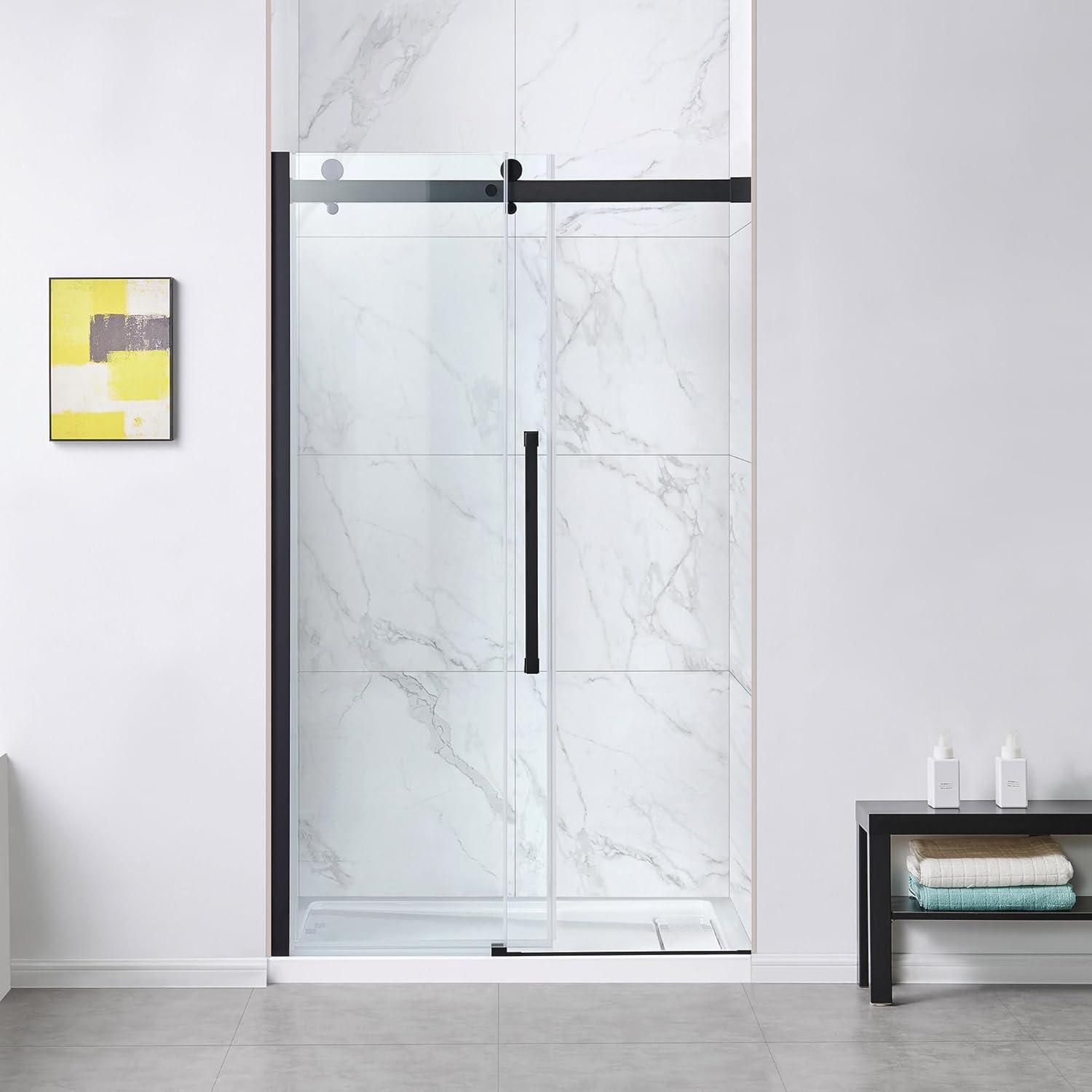 Bel Matte Black Frameless Sliding Shower Door with Clear Glass