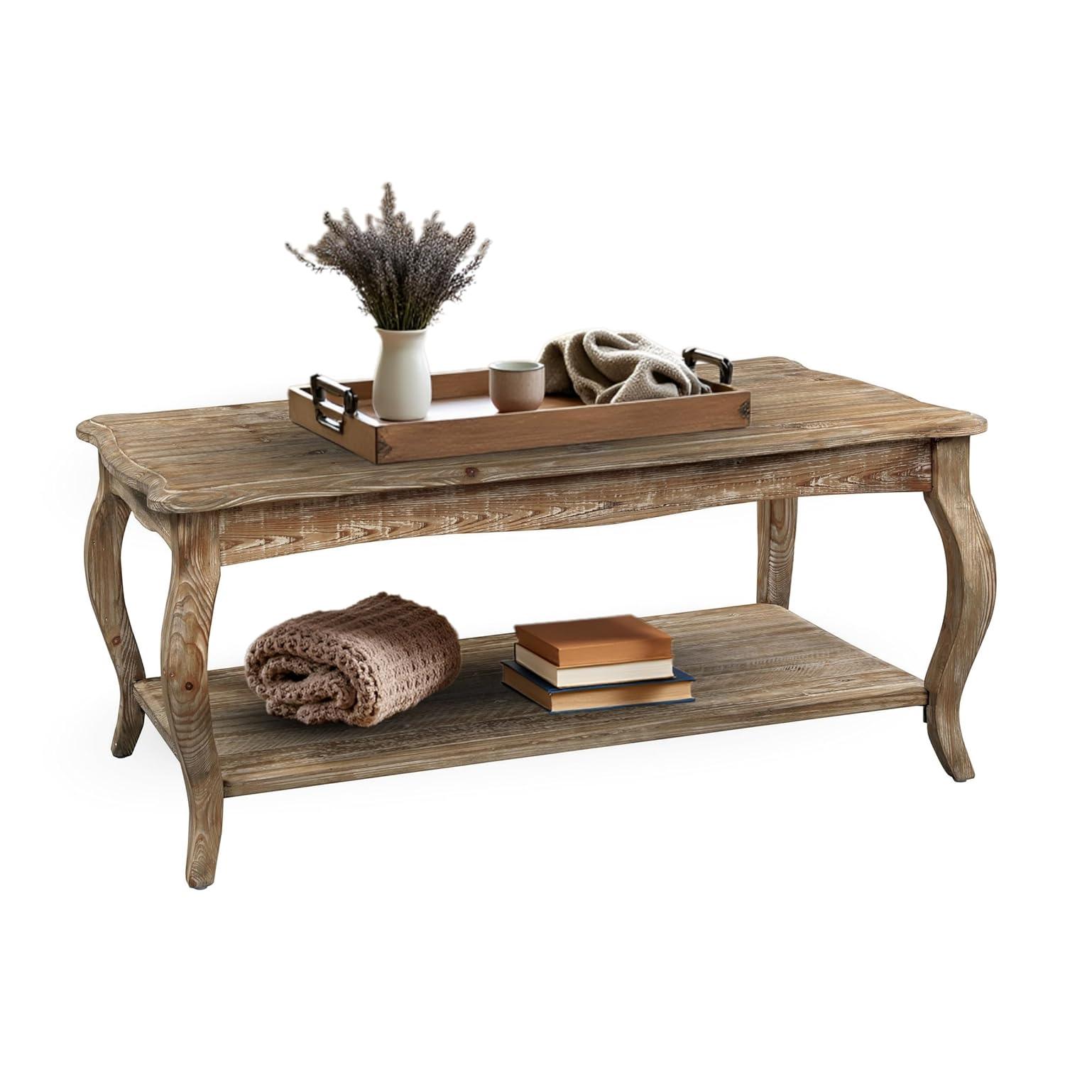 Alaterre Austerity Wood Coffee Table with Open Shelf, Driftwood Natural Finish, Accent & Occasional Furniture, Assemble Required