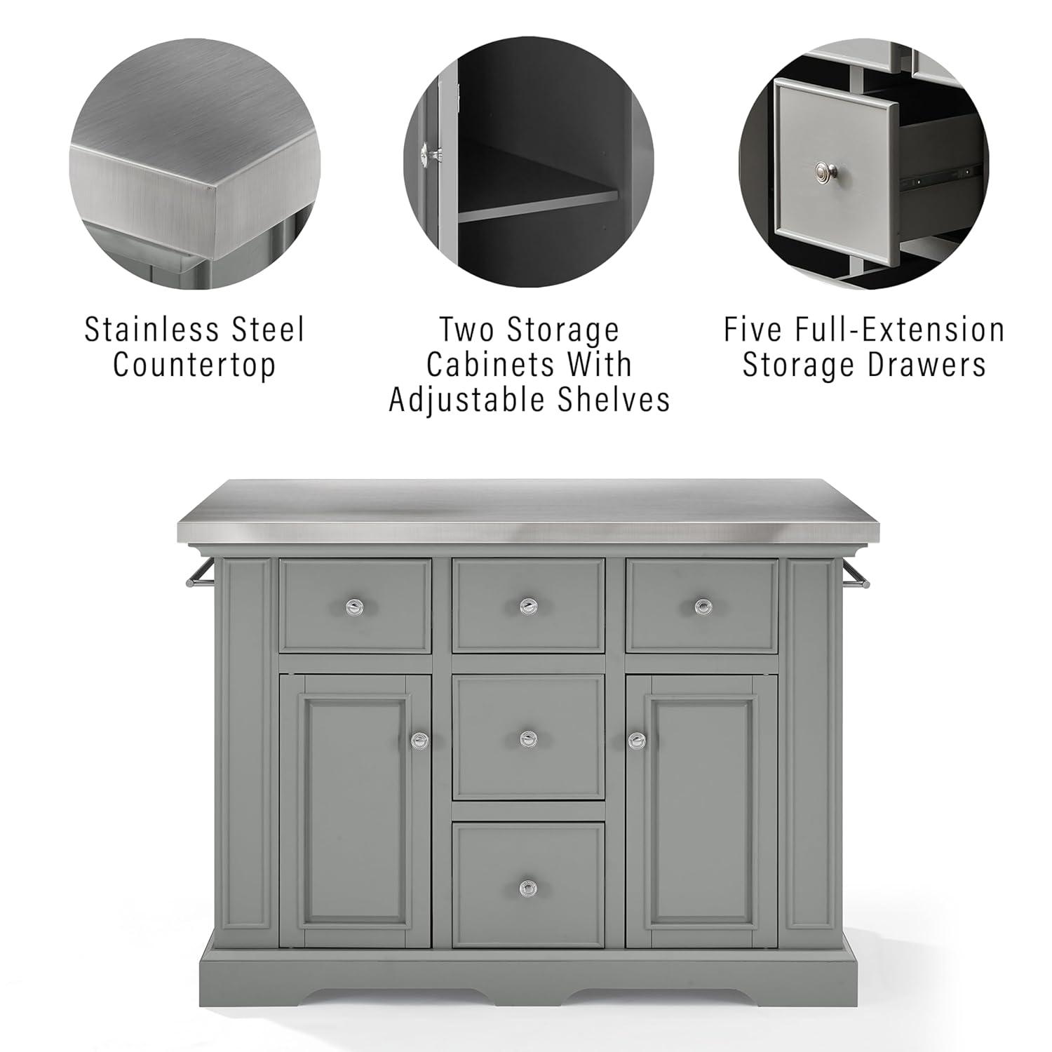 Julia Stainless Steel Top Kitchen Island Gray - Crosley: Towel Bar, Spice Rack, 5 Drawers, 2 Cabinets