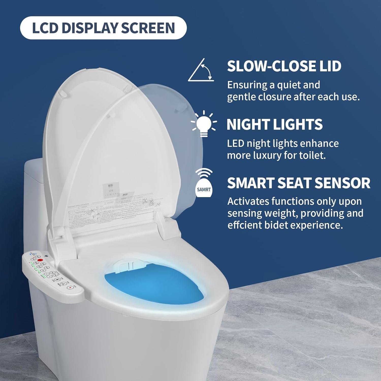 White Electric Heated Elongated Bidet Toilet Seat with Night Light