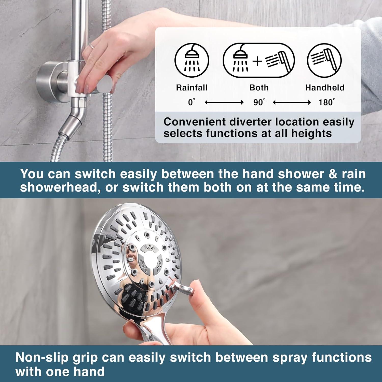 BRIGHT SHOWERS Rain Shower heads system including rain fall shower head and handheld shower head with height adjustable holder , solid brass rail 60 inch long stainless steel shower hose, Chrome