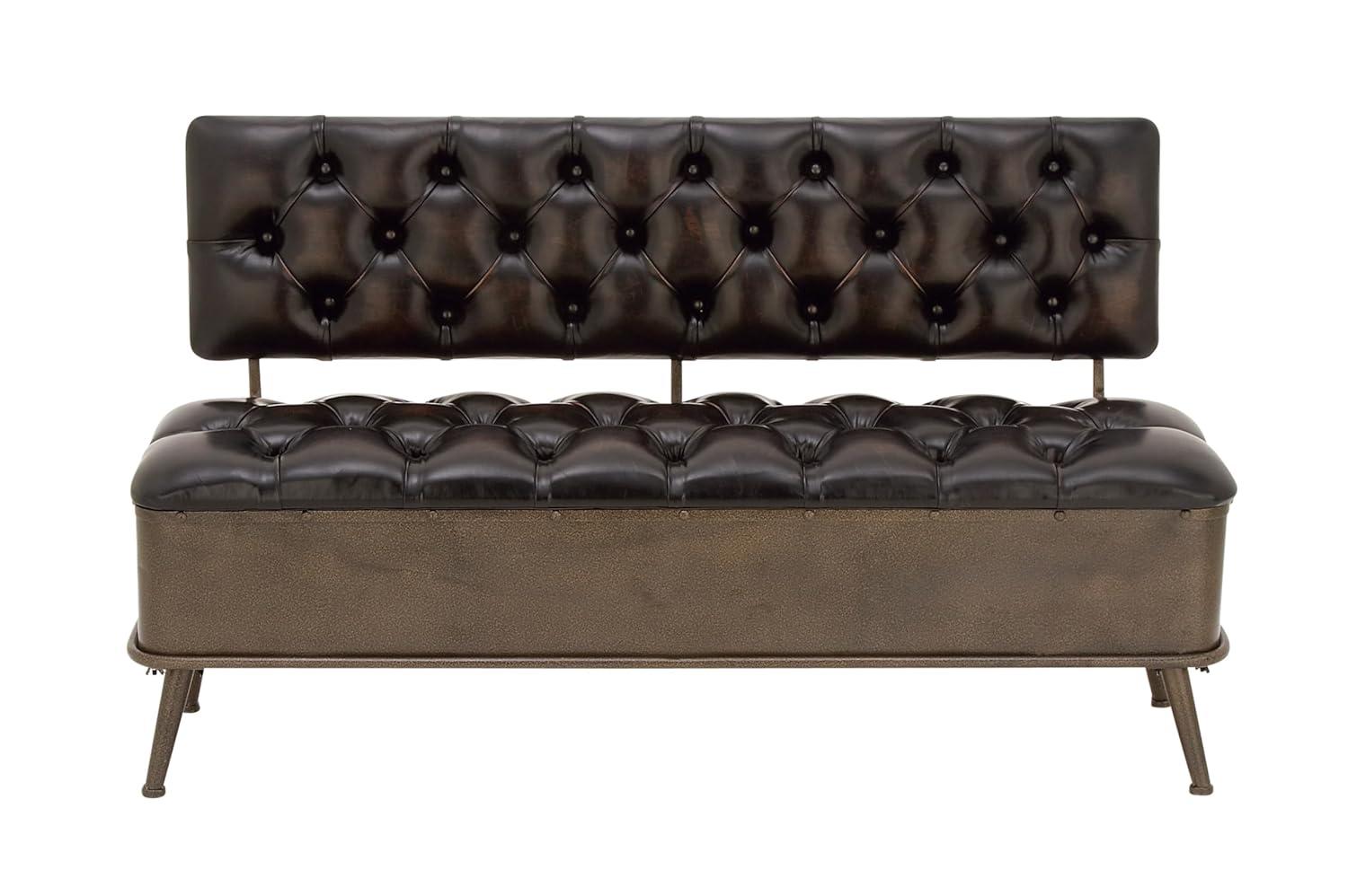Williston Forge Black Metal Room Storage Bench with Tufted Faux Leather, 54" x 19" x 31"