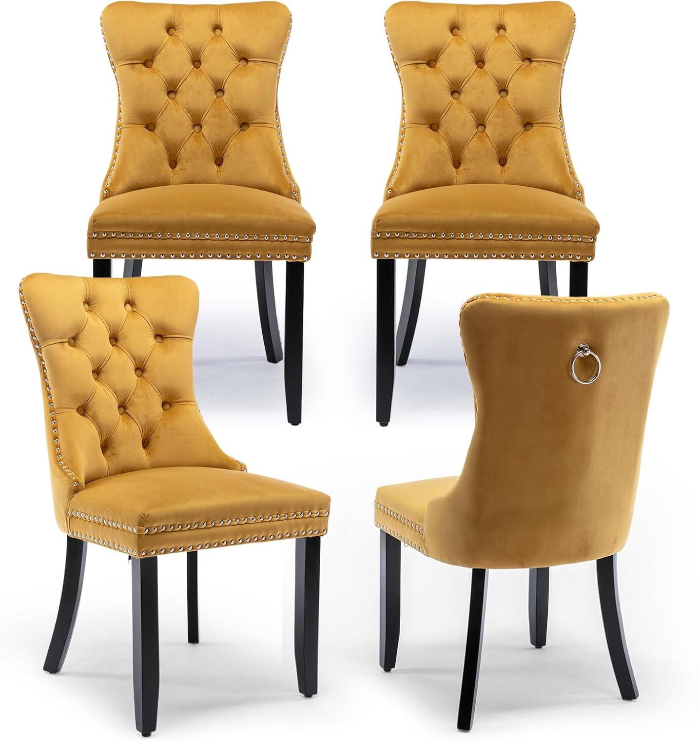 ODUSE-DAILY Yellow Velvet Dining Chairs Set of 4, Kitchen & Dining Room Chairs, Sillas De Comedor, Nailheads Tufted, Fabric Upholstered, Solid Wood (Gold, 4 Pcs)