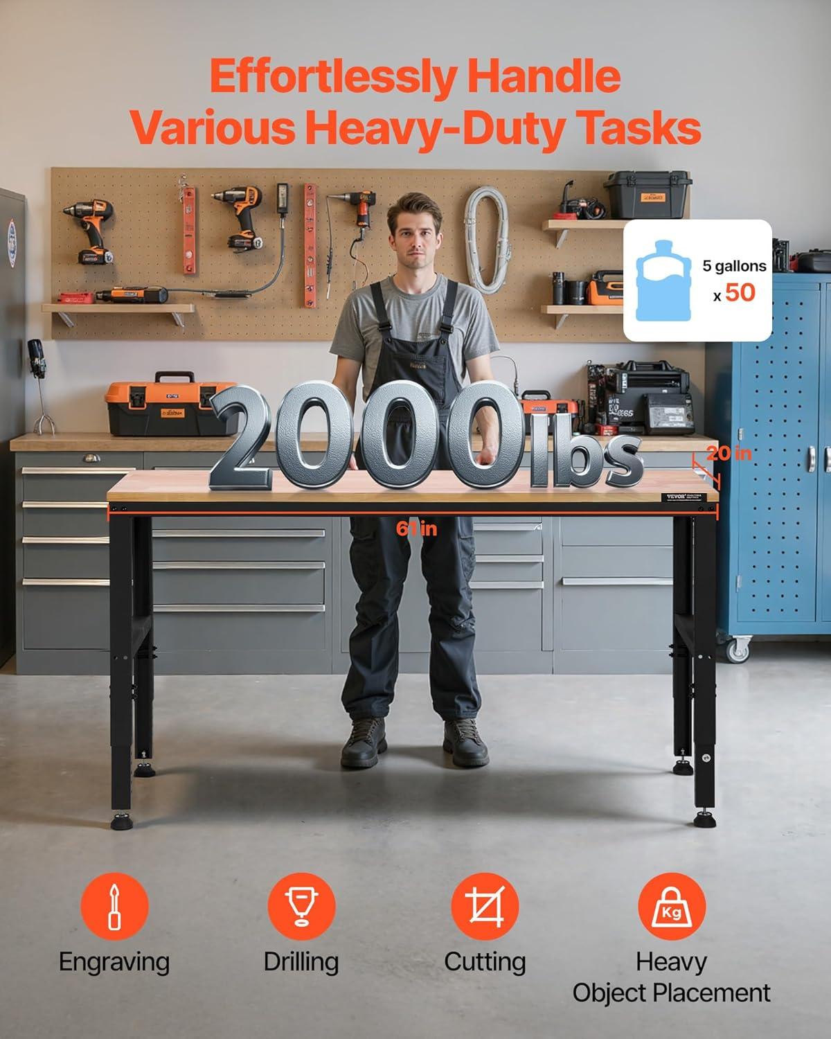 VEVOR 61'' W Wood Top Height-Adjustable Workbench