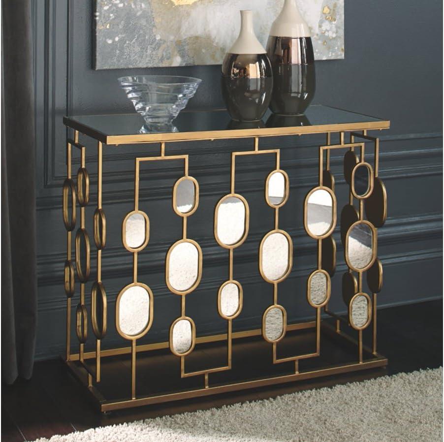 Everly Quinn Mirrored Glass Top Console Table Gold Finish