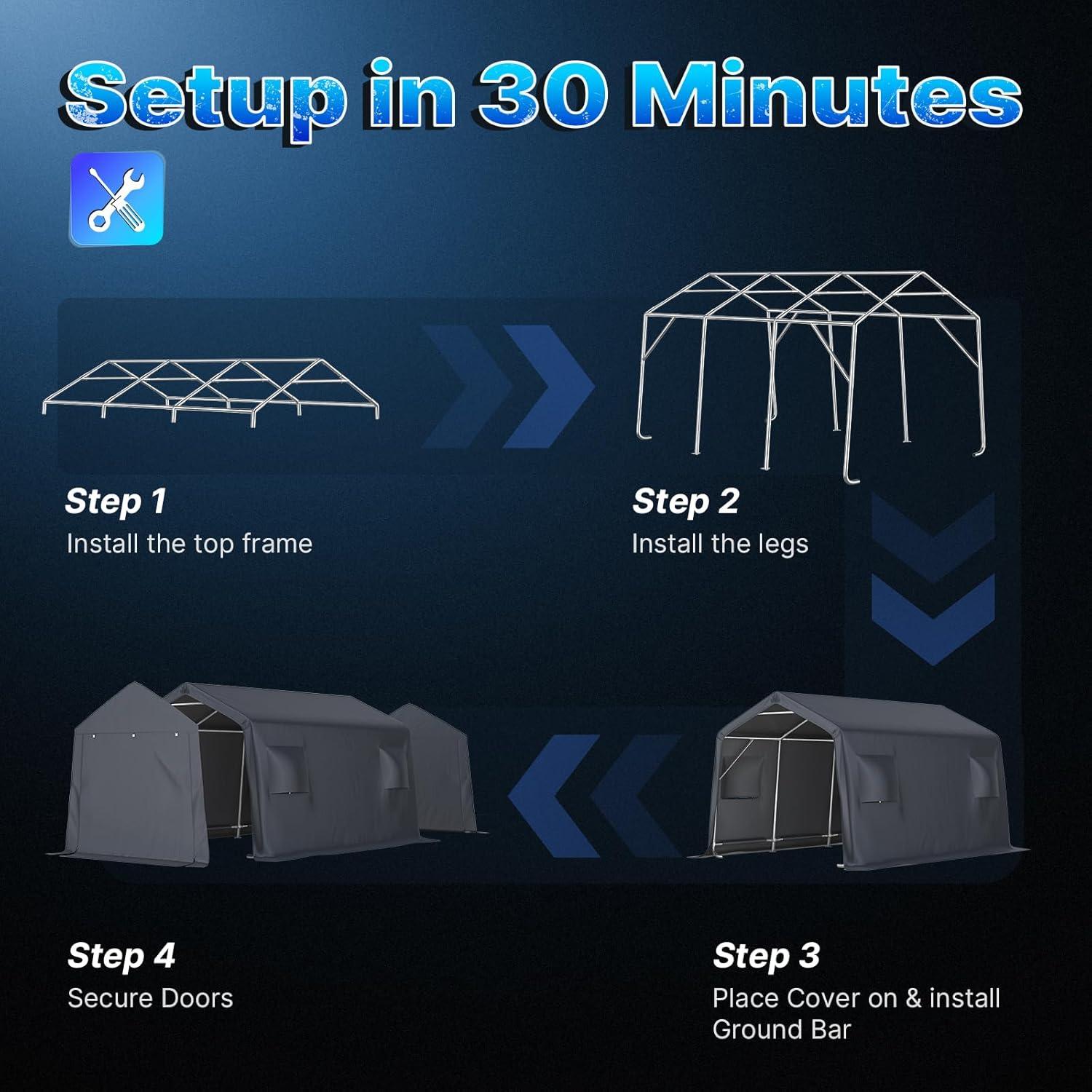 ADVANCE OUTDOOR 10x15 ft Outdoor Storage Shelter Shed with 2 Roll up Zipper Doors & Vents Peak Roof Carport for Motorcycle Waterproof and UV Resistant Anti-Snow, Gray