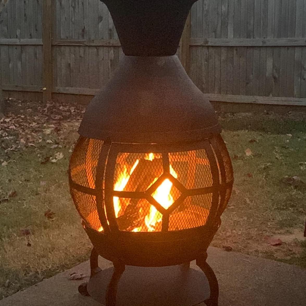 Antique Bronze Cast Iron Outdoor Chiminea with Mesh Screen