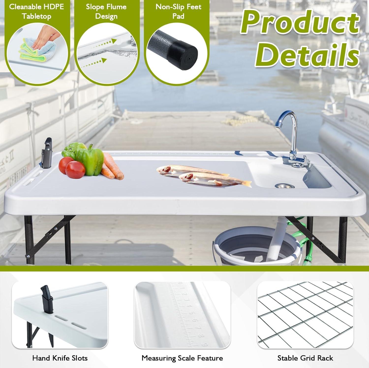 Folding Fish Cleaning Table Portable Camping Sink Table with Faucet Drainage Hose & Sprayer Outdoor Fish Fillet Cleaning Station with Grid Rack & Knife Groove for Picnic Fishing, Grey