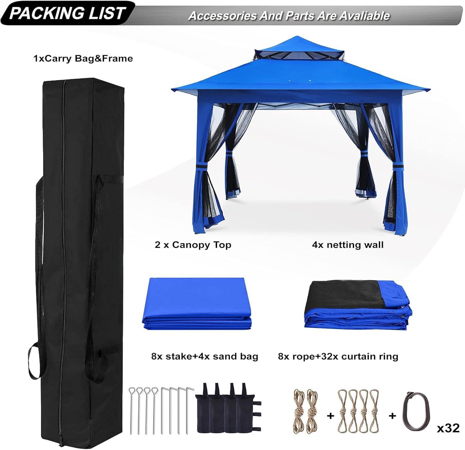 13x13 Pop Up Gazebo - With Mosquito Netting Blue