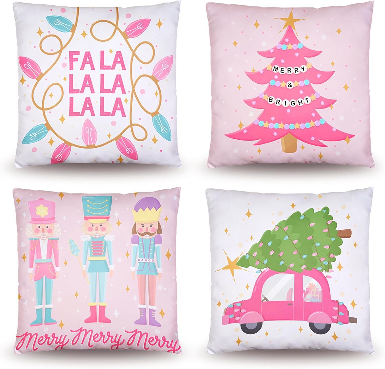 Pink Christmas Pillow Covers 18 x 18 Inch Set of 4 Striped Christmas Decorations Pink Christmas Tree Santa Claus Farmhouse Holiday Hello Winter Let it Snow Throw Pillows Cushion Case for Sofa Couch