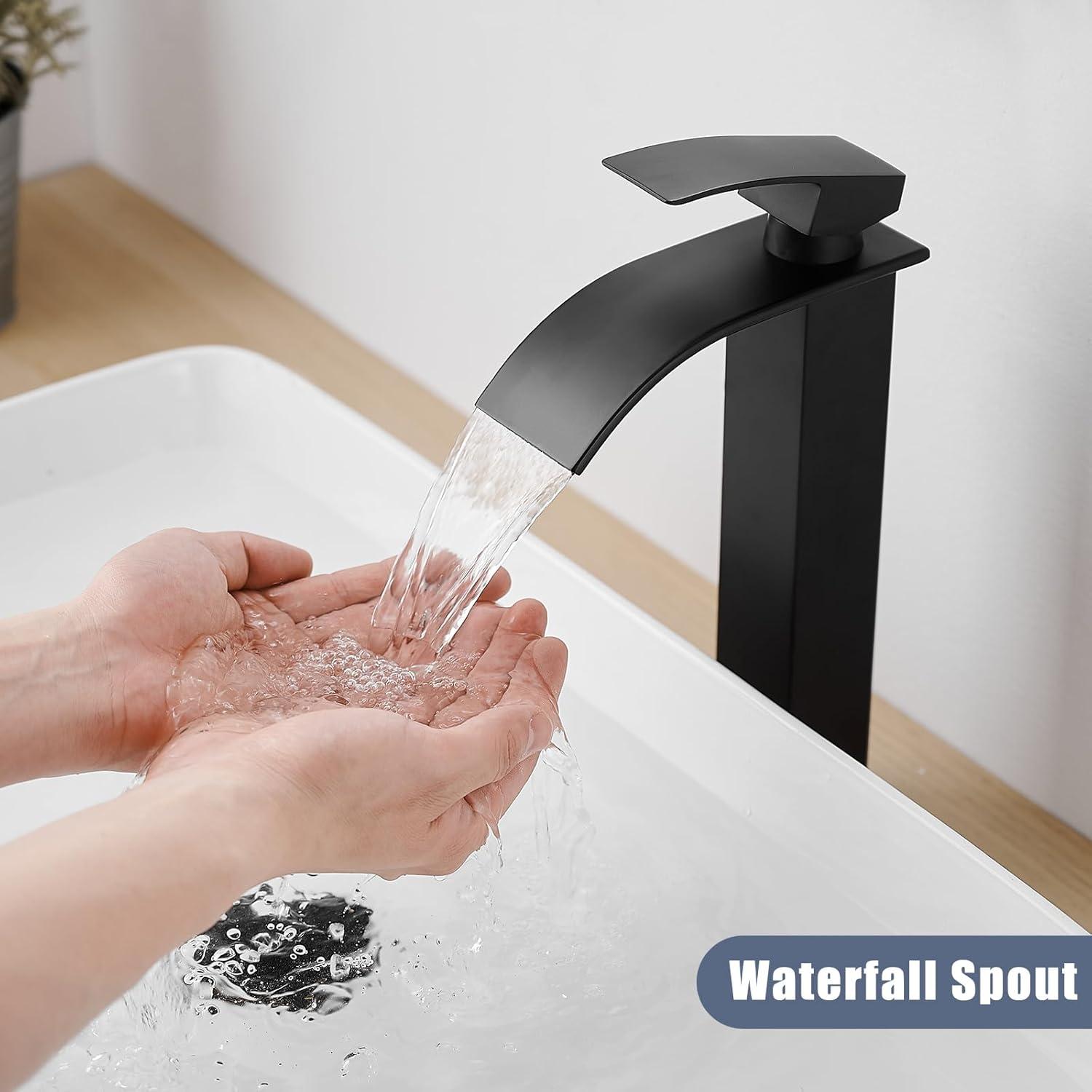Waterfall Bathroom Faucet Single Handle，Bathroom Sink Faucet 1 Hole，Waterfall Faucet for Bathroom Sink，Vessel Sink Faucet Matte Black Tall Bathroom Faucet